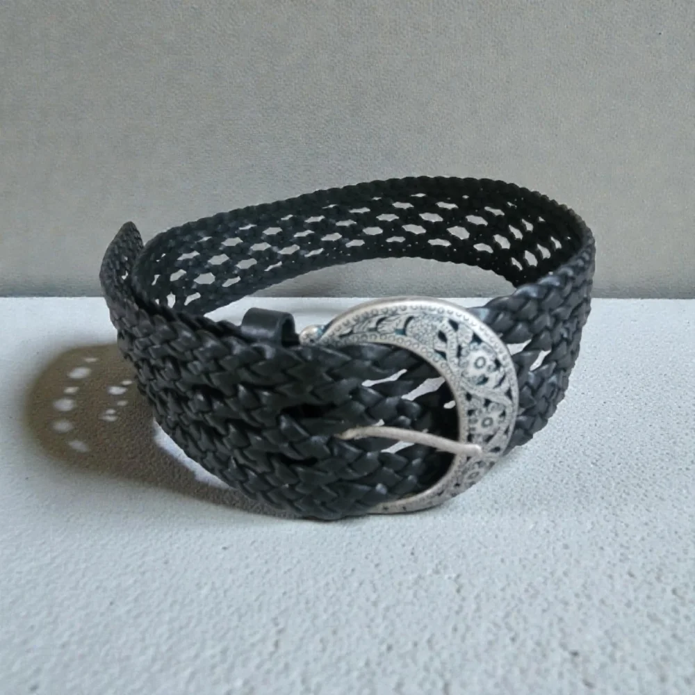 Moda International Black Leather Boho Braided Belt w/Intricate Silver Buckle L